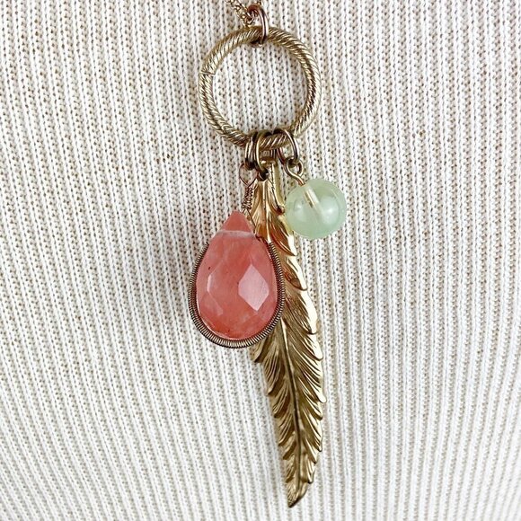 Gold Tone Charm Feather Beaded Necklace - Picture 2 of 5